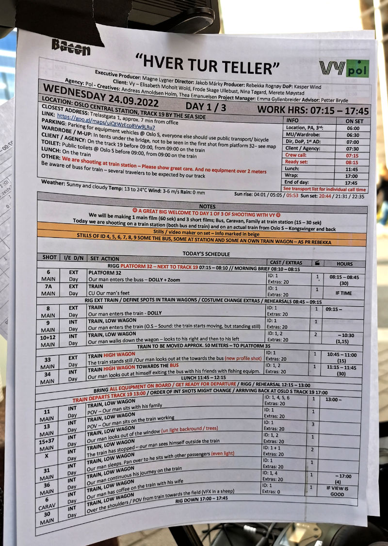 Call Sheet day one - Vy commercial